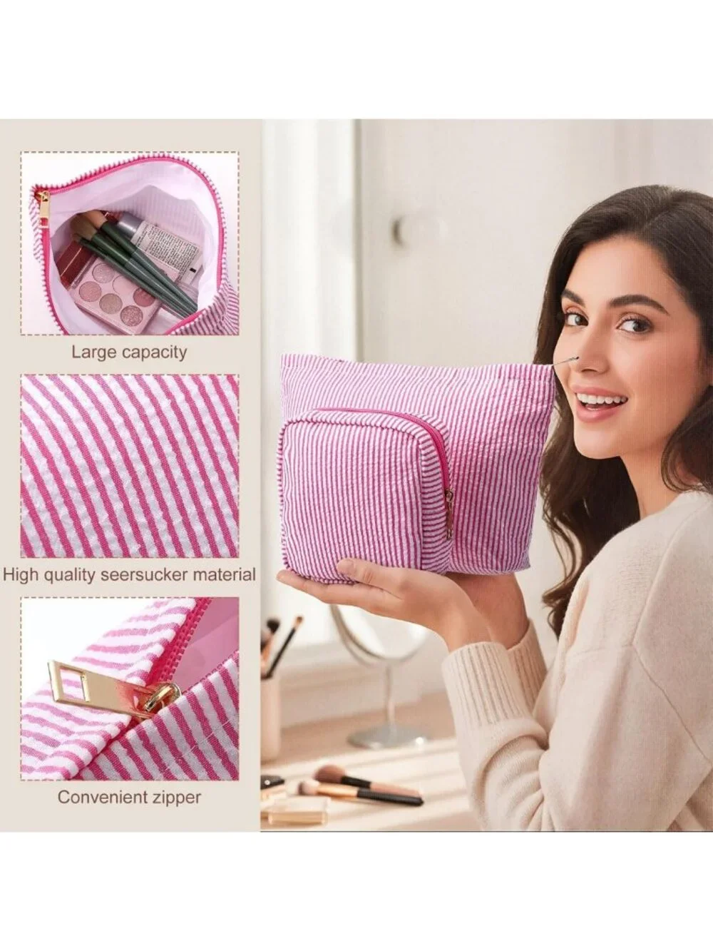 4 Pcs Seersucker Makeup Bag Set - Large Travel Toiletry Organizer, Aesthetic